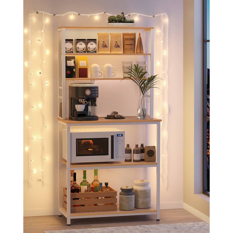 Baker's Rack, Microwave Oven Stand, 6-Tier Kitchen Utility Storage Shelf, 6 Hooks and Metal Frame - 31.5" x 15.7" x 65.7"