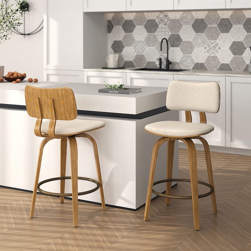 Mid-Century Fabric and Wood 26" Counter Stool with Swivel, Set of 4 - Beige and Natural