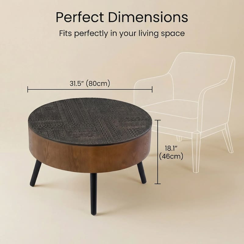 GDFStudio Veyrion Carved Round Coffee Table with Storage and Mid-Century Modern Design