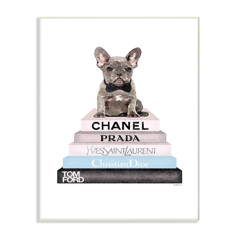 Stupell Grey Fashion Bookstack with Grey Frenchie Wall Plaque Art, 10 x 15, Proudly Made in USA