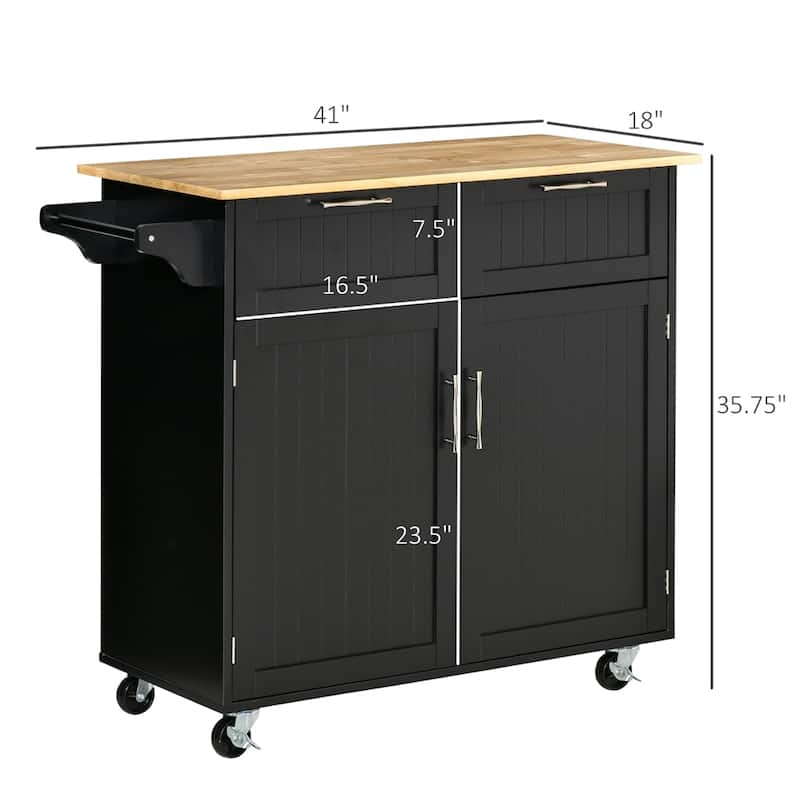 41" Modern Rolling Kitchen Island, Utility Cart with Rubberwood Top