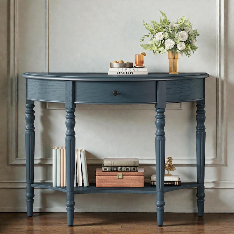 Farmhouse Half Moon Console Table with Drawer and Shelf, Rustic Solid Wood Entryway Sofa Table - Navy