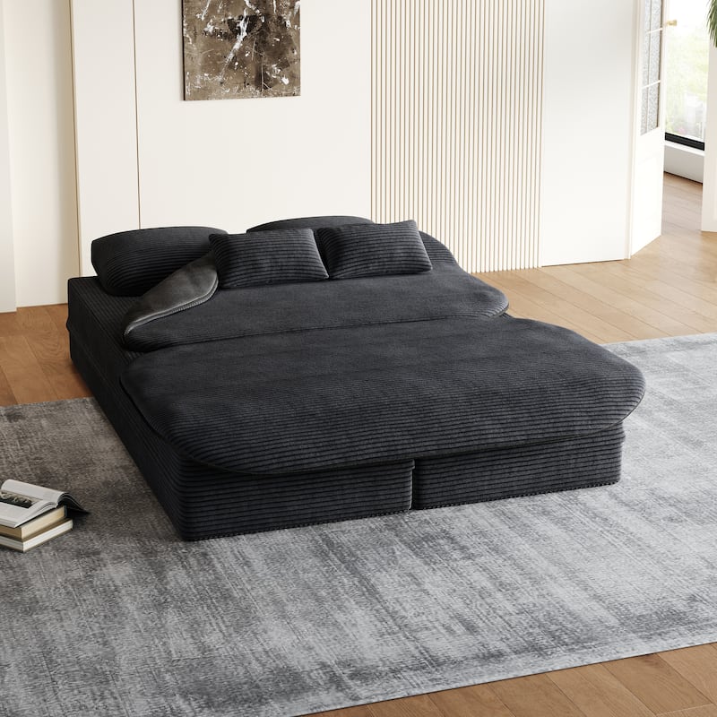 GDFStudio - Lysander Corduroy Foldable Sleeper Sofa Bed with Multi Functional Blanket