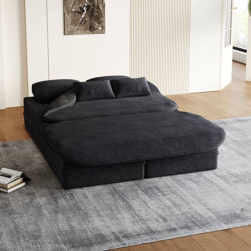 Roomfitters 75" Convertible Foldable Sofa Bed, Corduroy Sleeper Foam Lounge Sofa with Blanket for Living Room, Black - Black