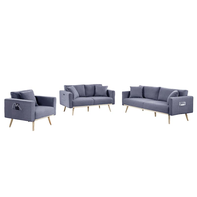 Mico 75 Inch Sofa, Loveseat and Chair Set with Throw Pillows, Dark Gray - Brown
