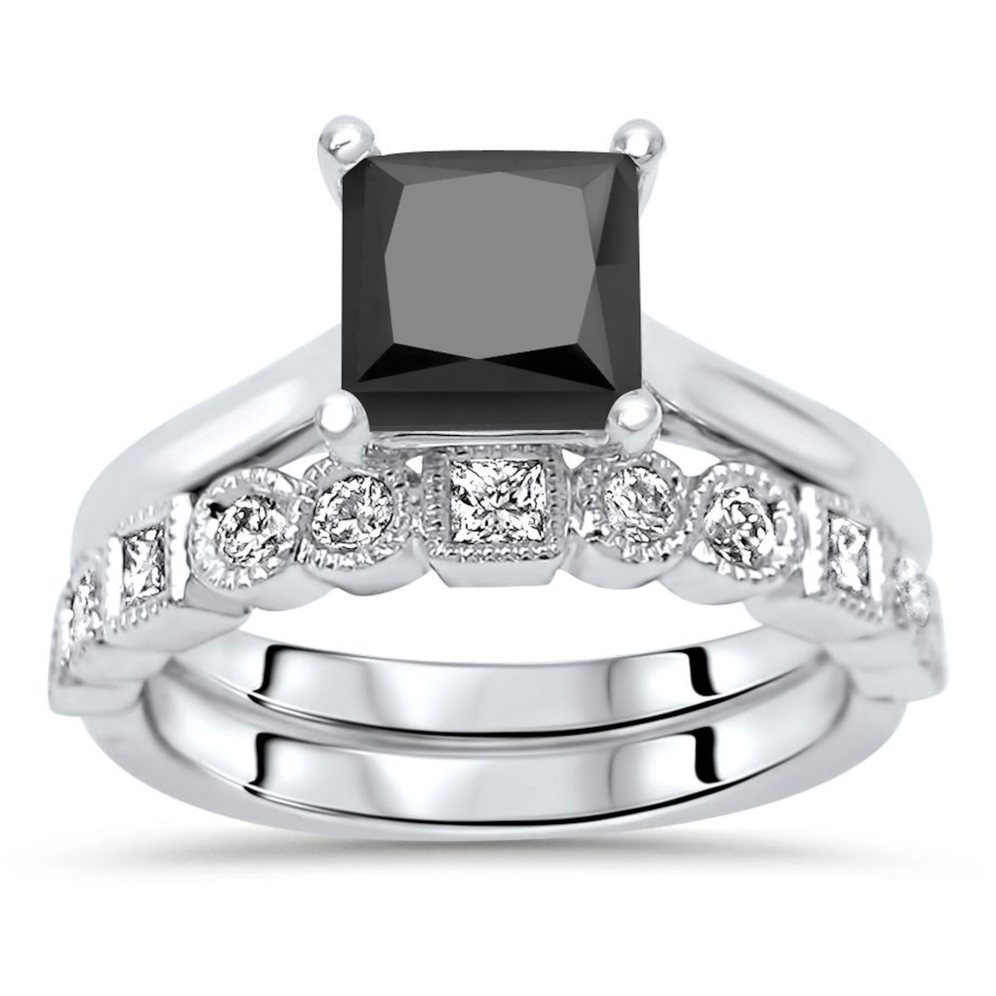 14k White Gold 1 & 3/5 ct Princess Cut Black Diamond Engagement Ring Bridal Wedding Set