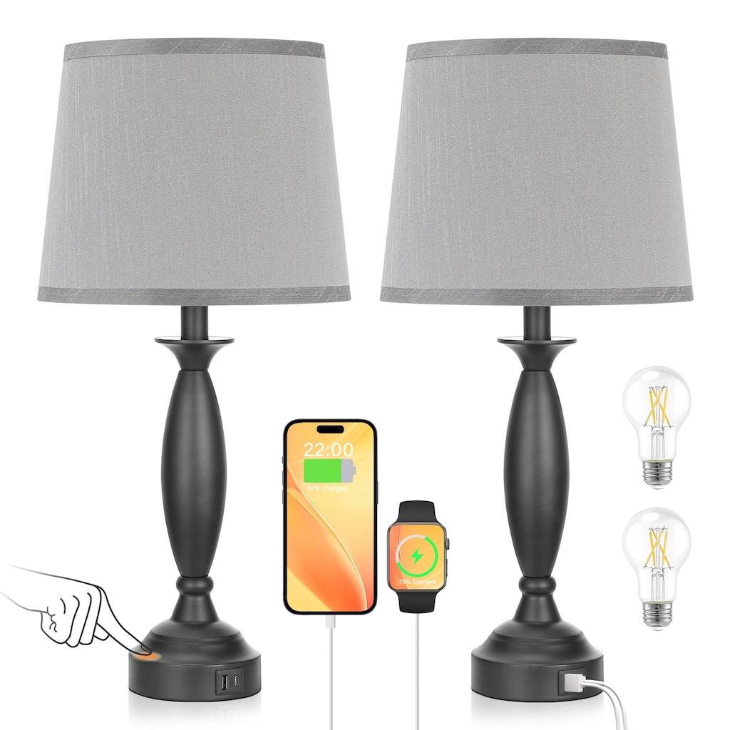 Lamps for Bedrooms Set of 2 - Touch Control Bedside Lamp with USB C+A, 3 Way Dimmable Nightstand Lamps with USB Port