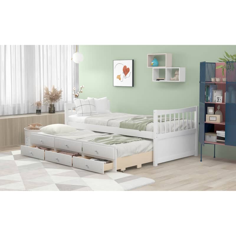 Wooden Twin/Full Daybed with Pull-Out Trundle and Storage Drawers