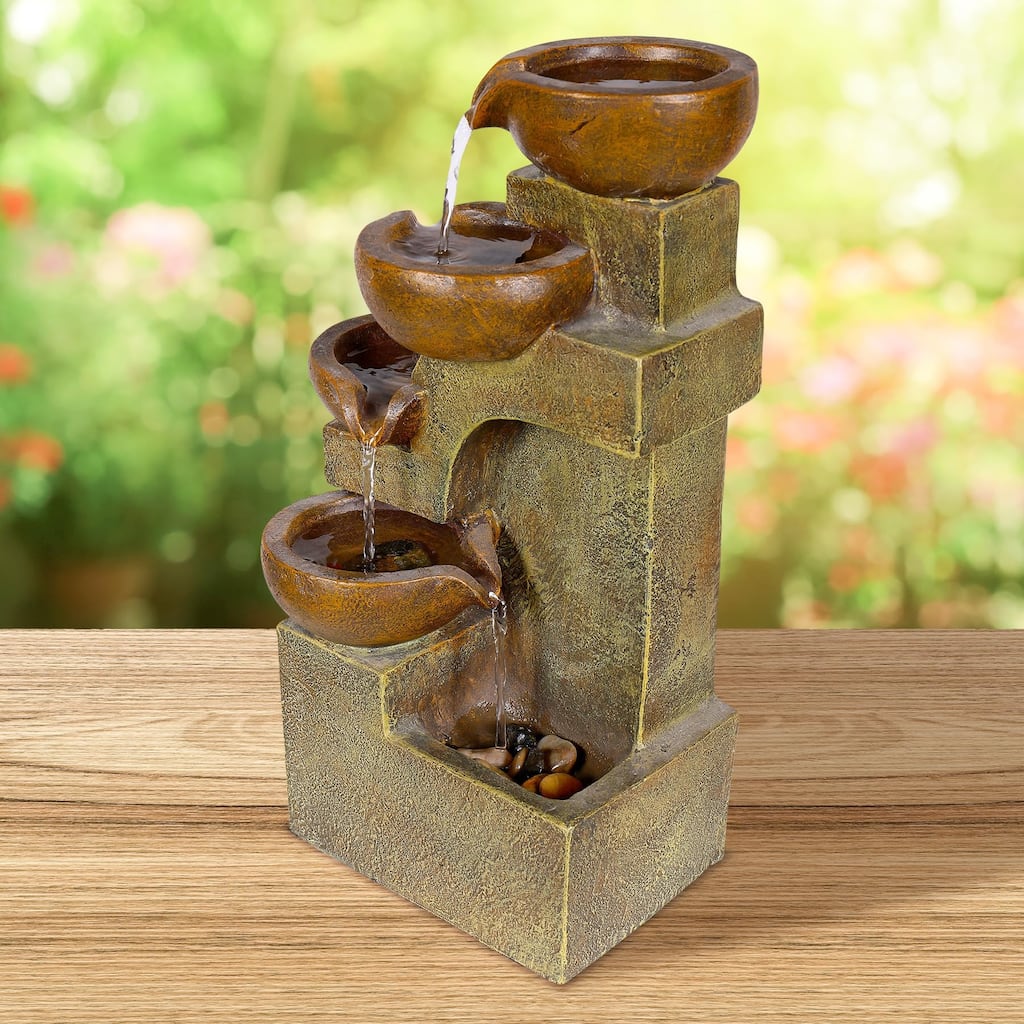 Indoor/Outdoor Tabletop Tiered Pouring Pots Waterfall Fountain with Natural Stone Look, 16", Brown
