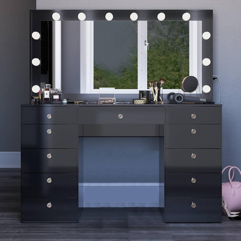 Boahaus Elle Makeup Vanity with Bluetooth Speaker, 12 Lights, and 11 Drawers