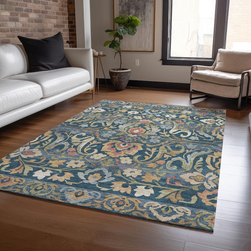 Machine Washable Indoor/Outdoor Floral Watercolor Chantille Rug