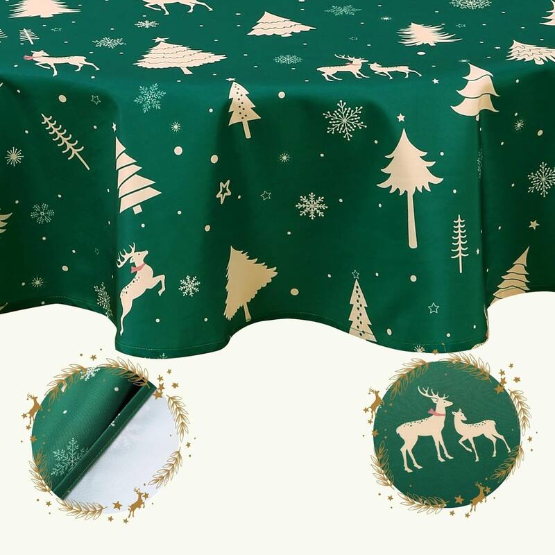 Christmas Round Tablecloth Waterproof Holiday Xmas Decor, Green