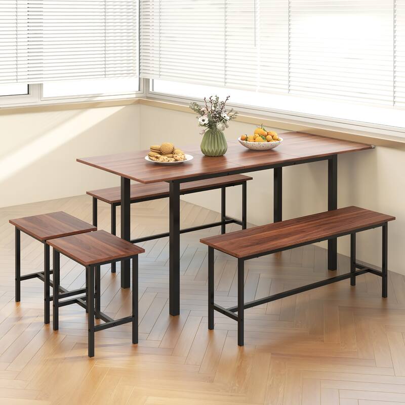 Gymax 5 PCS Dining Table Set for 4-6 w/ 2 Benches & 2 Stools Metal