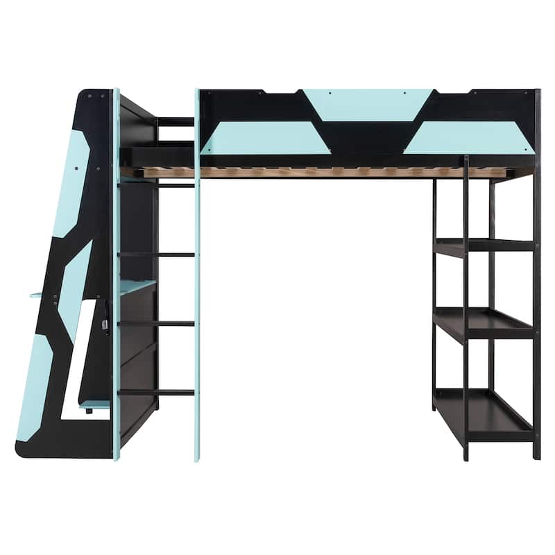 Full Size Gaming Loft Bed Station with Desk, Storage Shelves & RGB LED Lights