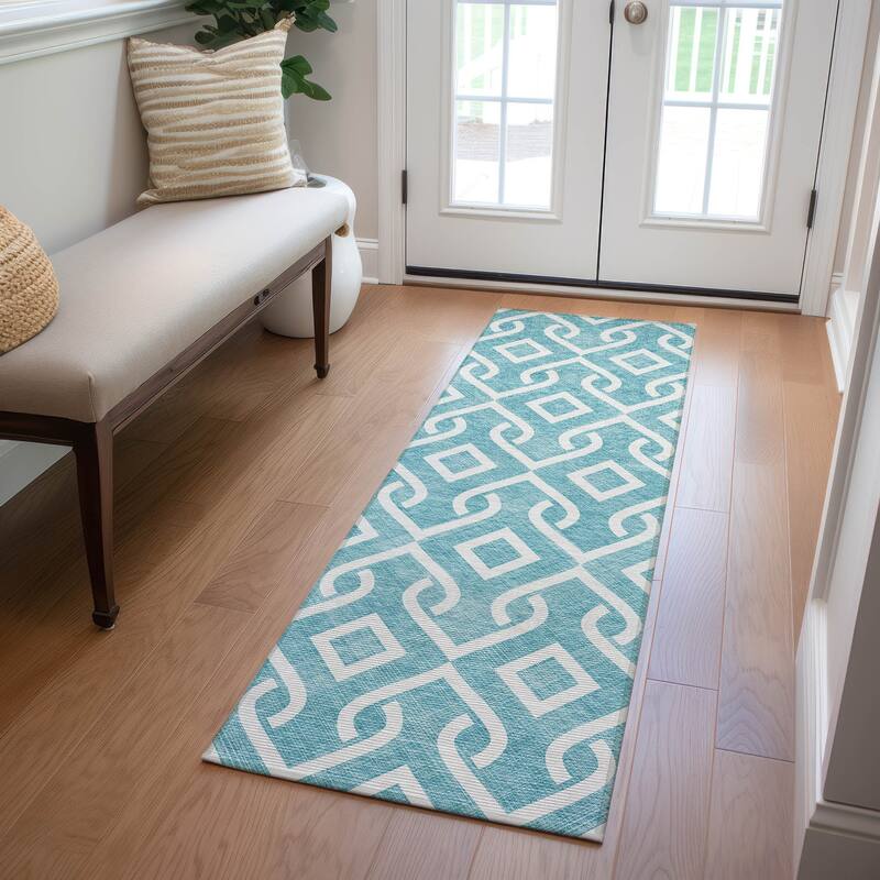 Machine Washable Indoor/ Outdoor Chantille Trellis Rug - Teal - 2'3" x 7'6"