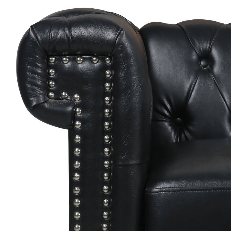 PU Leather 3 Seater Sofa, Upholstered Sofa with Rolled Arms & Removable Cushion, Lounge Sofa with Studs Trim & Wooden Legs