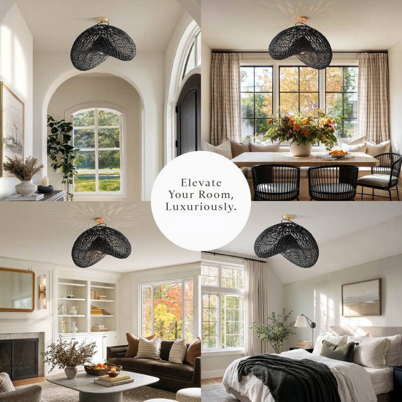 Lucian Rattan Flush Mount - Rattan Black 1-Light Handwoven Ceiling Light for Bedroom or Dining Room in Farmhouse, Country Style