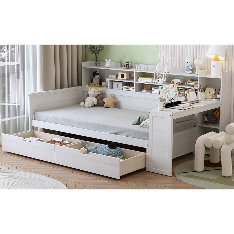 Wooden Twin Size Daybed with Storage Shelves, Two Drawers & Study Desk,Antique White