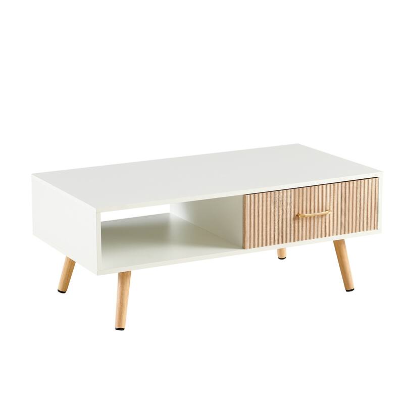 Rectangle Coffee Table with Solid Wood Legs, Sliding Drawer for Storage, Modern Table for Living Room