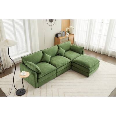 Modern L-Shaped Sectional Sofa with Ottoman, Green, 3-Seater Couch