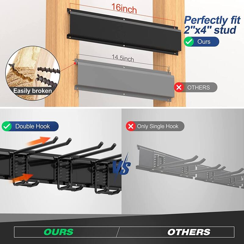 Sttoraboks Wall Mounted Garage Tool Storage Rack Garage Storage Organizer Rack with double hooks and rails