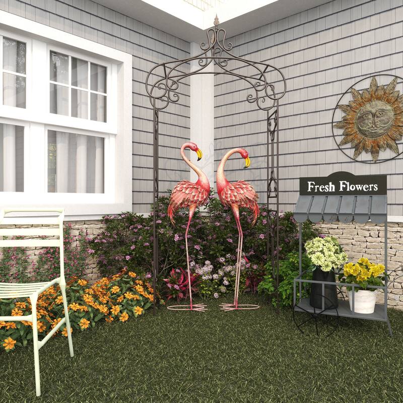 Pink Metal Indoor Outdoor Standing Flamingo Decorative Garden Sculpture with Yellow Accents and Coiled U Shaped Feet (Set of 2)