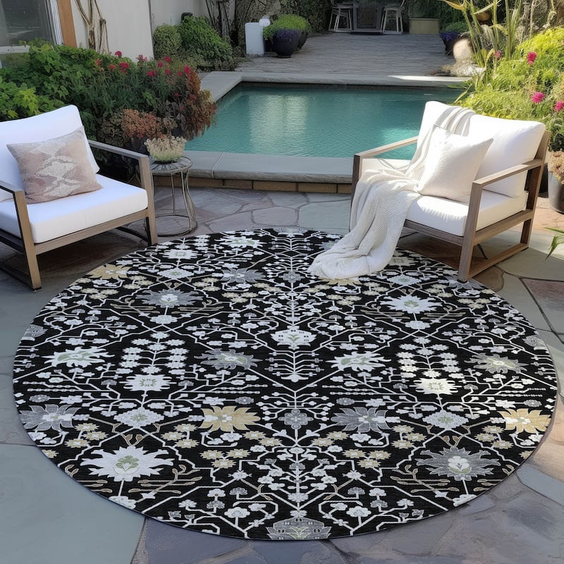 Machine Washable Indoor/ Outdoor Global Traditional Chantille Rug - Black - 8' x 8'