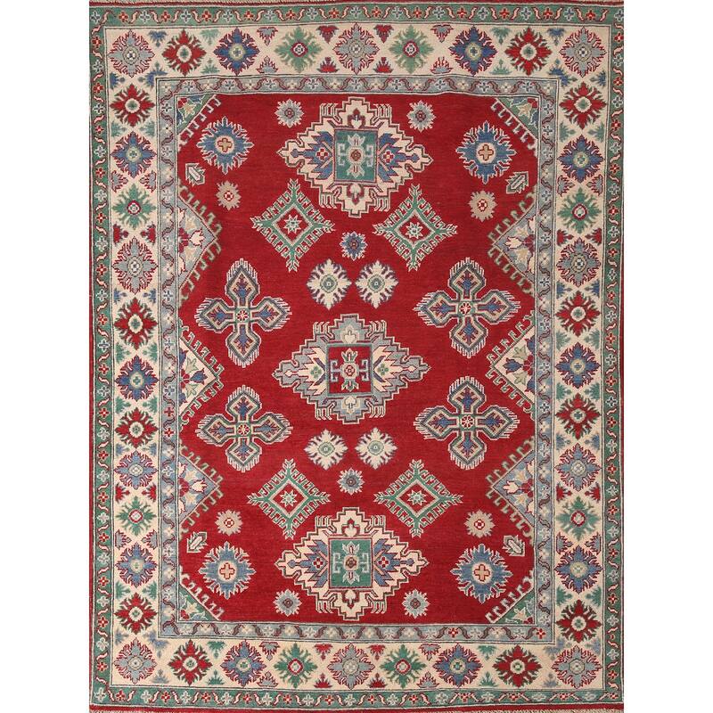 Geometric Red Kazak Area Rug Handmade Wool Carpet - 5'2" x 6'9"