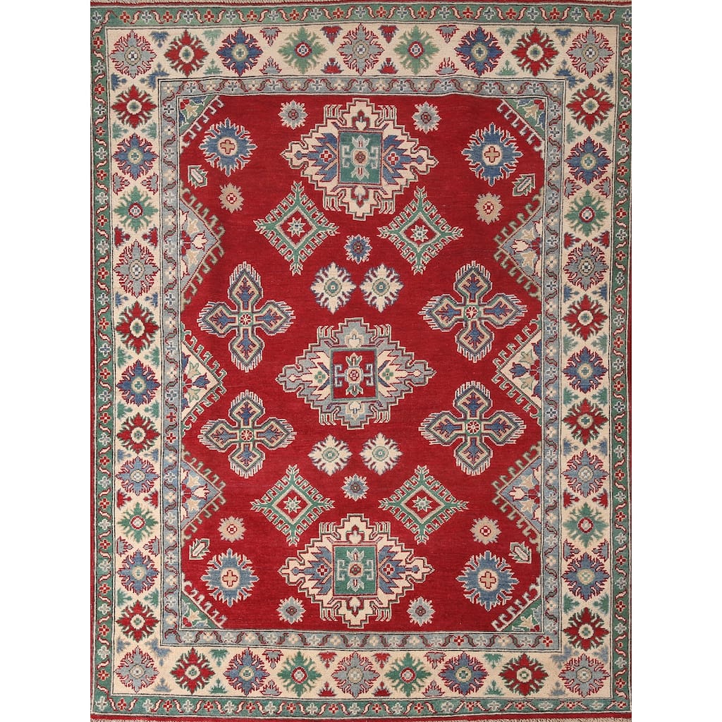 Geometric Red Kazak Area Rug Handmade Wool Carpet - 5'2" x 6'9"