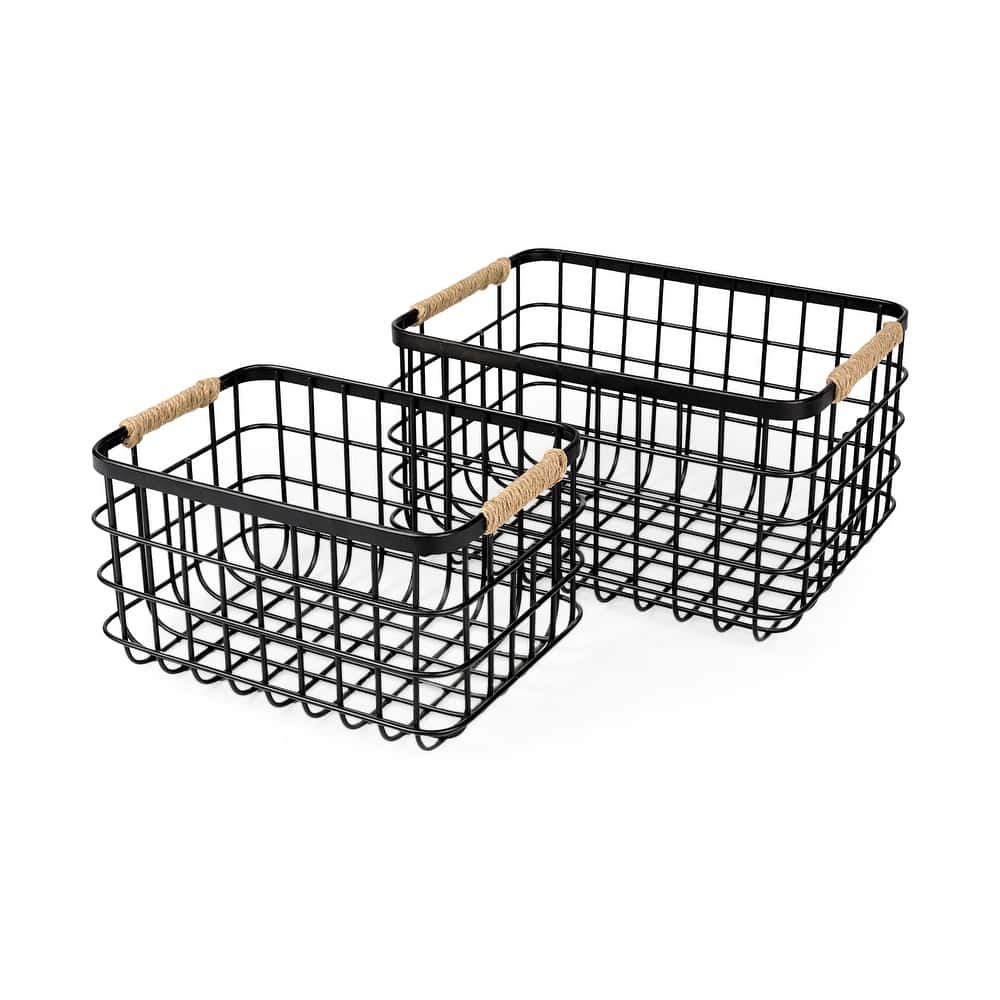 Marius 20.9L x 15.2W x 12.2 Set of Two Matte Black Metal W/ Rope Trim Rectangular Baskets - 20.9L x 15.2W x 12.2H