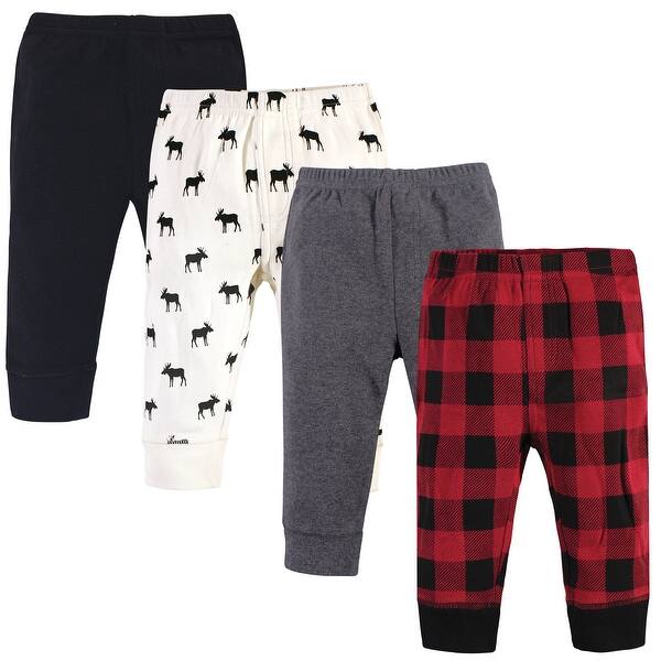 slide 1 of 1, Touched by Nature Baby and Newborn Boy Organic Cotton Pants 4pk, Buffalo Plaid Moose 0-3 Months - Buffalo Plaid Moose