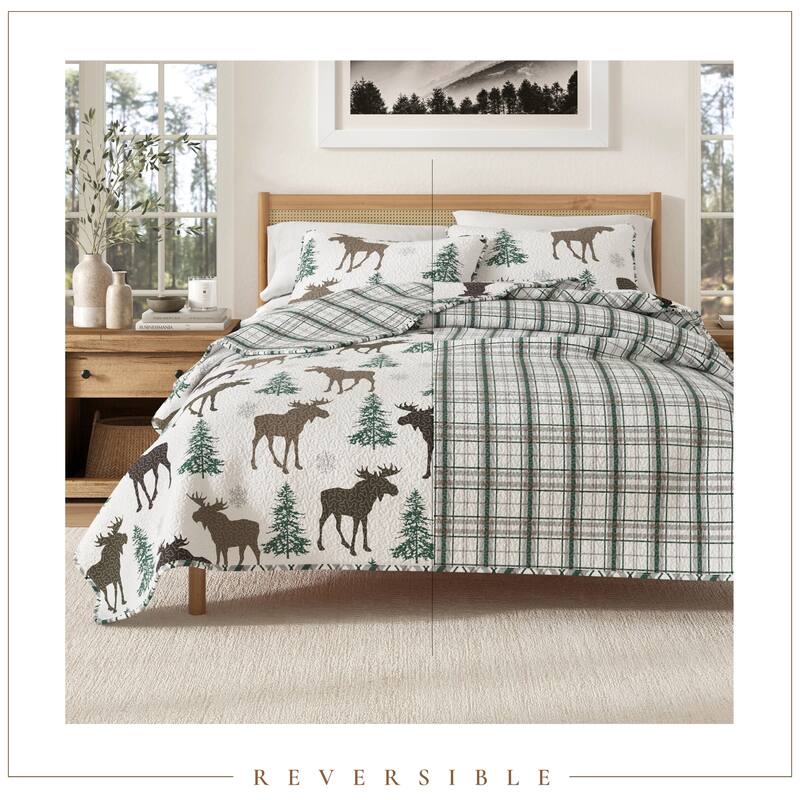 Linery & Co. Moose & Evergreens Microfiber Quilt Set With Shams