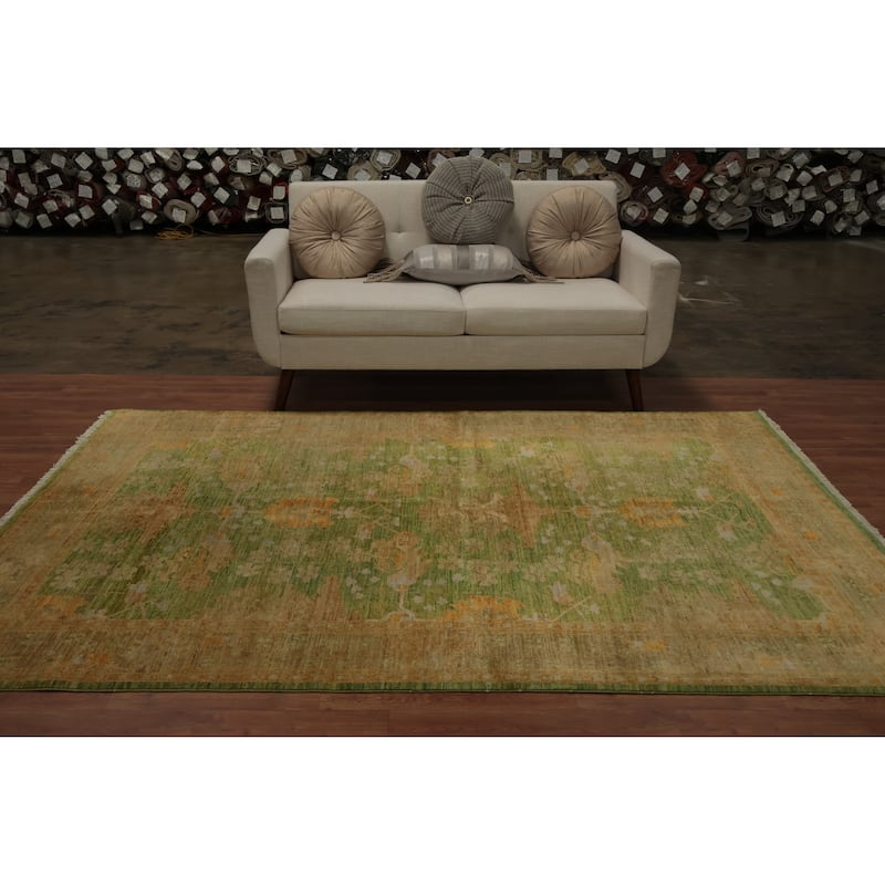 Hand Knotted Oriental 100% Wool Carpet Transitional Floral Green Oushak Area Rug - 8' 5'' X 5' 11''