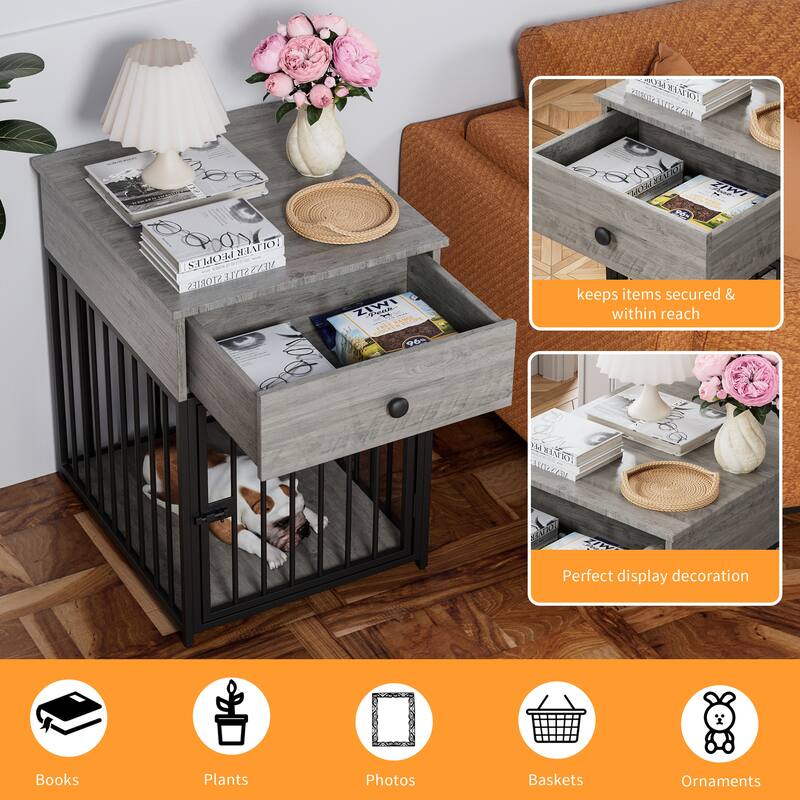 Dog Crate Furniture, Dog House, Decorative Dog Kennel with Drawer, Indoor Pet Crate End Table for Small Dog, Iron-Tube Dog Cage