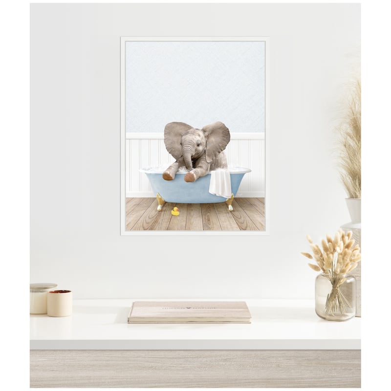 Kate and Laurel Sylvie Baby Elephant 6 in Cottage Blue Bathtub Framed Canvas by Amy Peterson