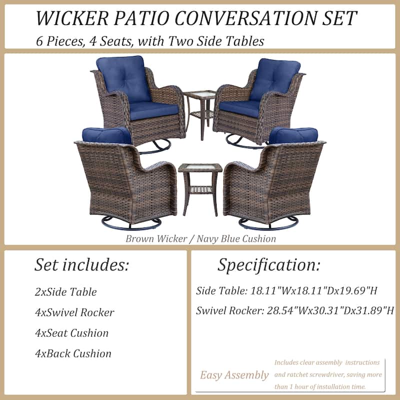 6 Piece Outdoor High Back Wicker Patio Conversation Swivel Chairs Sets