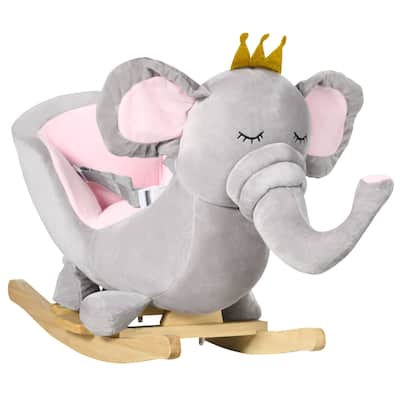 Qaba Baby Rocking Horse Elephant Rocking Chair Toddler Rocker Toy with Sound Wooden Base Seat Safety Belt for 1.5-3 Year Old