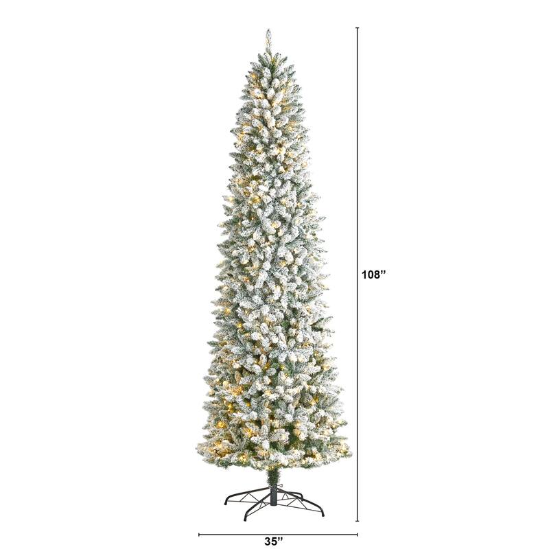 9ft Artificial Christmas Tree with Lights - Slim Winter Fir, Prelit Warm White LED Tree, Flocked Holiday Decor - Green - 108