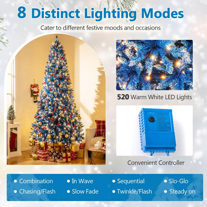 Gymax Pre-Lit Artificial Christmas Tree Blue Hinged Xmas Tree w/