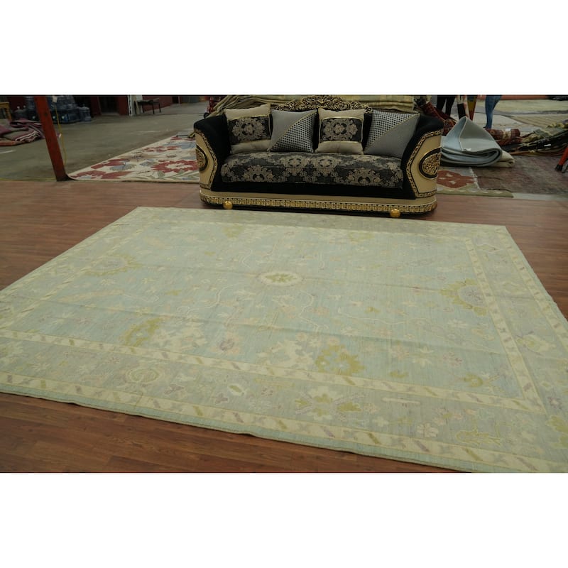 Vegetable Dye Wool Oushak Turkish Area Rug, Floral Geometric Carpet - 12' 0'' X 9' 2''