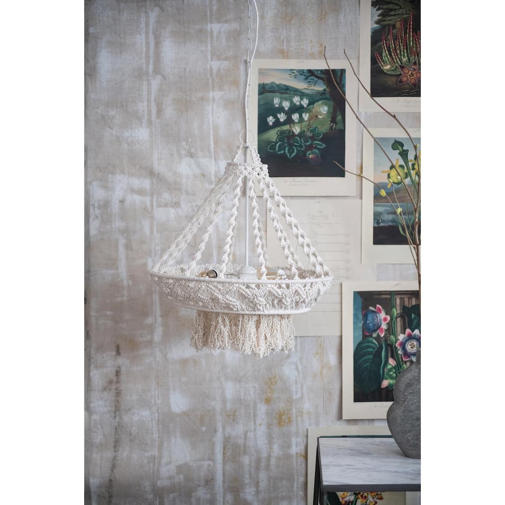 Handwoven Cotton Macrame Pendant Lamp, Fringed Metal and Cotton Lighting