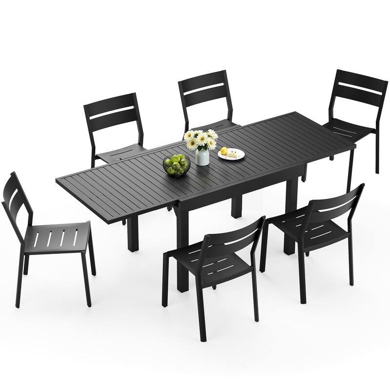 5/7/11-piece Set Outdoor Aluminum Extendable Patio Dining Table with Stackable Chairs - Black table - 82.68 inches long