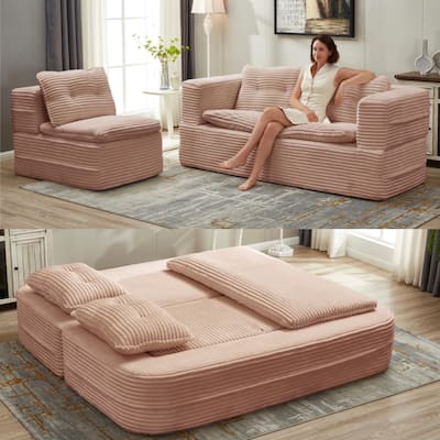 Convertible Floor Sofa Bed with Chaise Lounge, Corduroy 3-in-1 Sofa, Sofa to Bed with Dual-Purpose Blanket, No Assembly Required