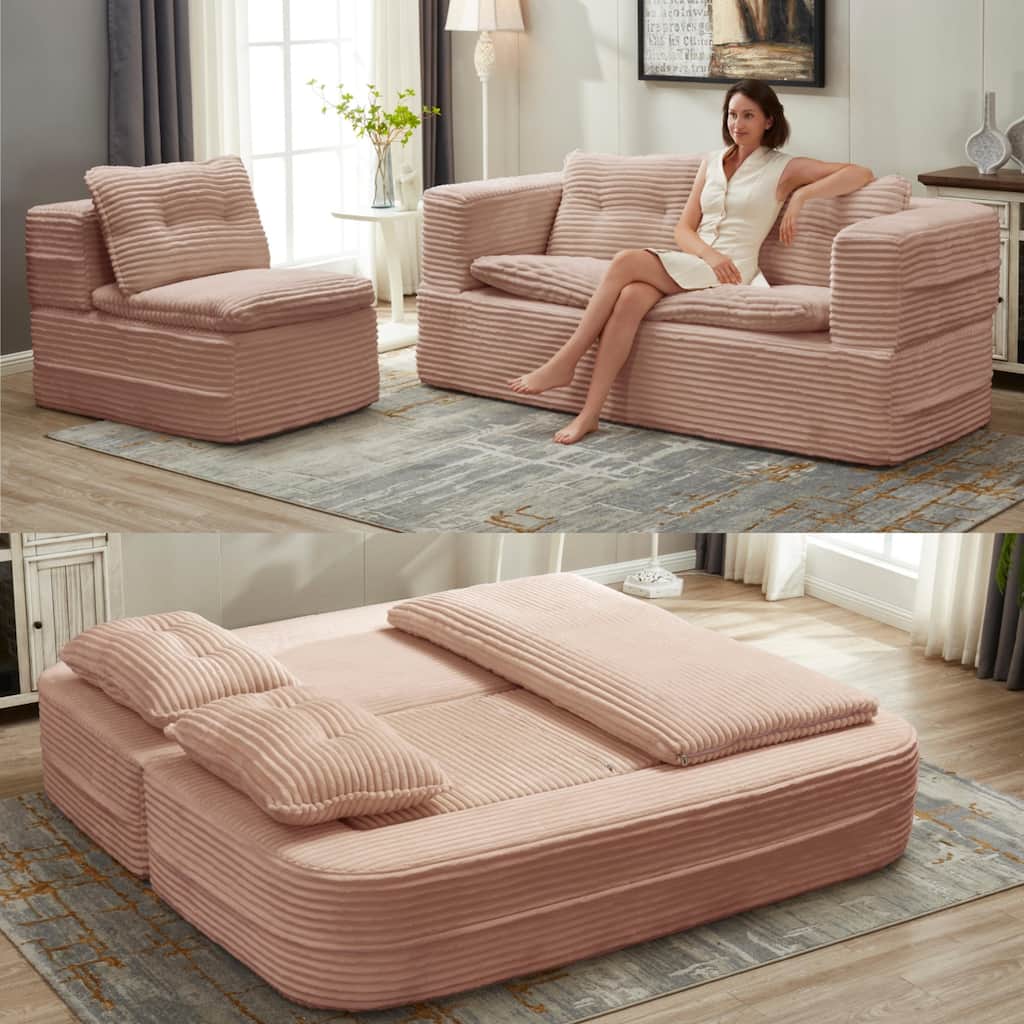 Convertible Floor Sofa Bed with Chaise Lounge, Corduroy 3-in-1 Sofa, Sofa to Bed with Dual-Purpose Blanket, No Assembly Required