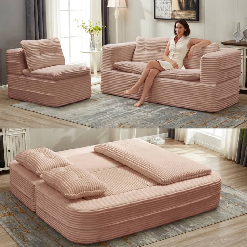 Sofa Bed With Independent Chaise Lounge And Functional Blanket,Convertible Sofa Bed,King Size Bed,Deep Seat - Pink