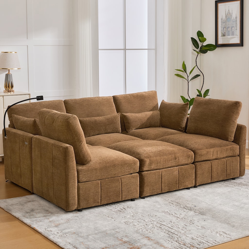 Modern Sectional Modular Sofa with a Movable Ottoman and Two USB Ports and a Phone Holder