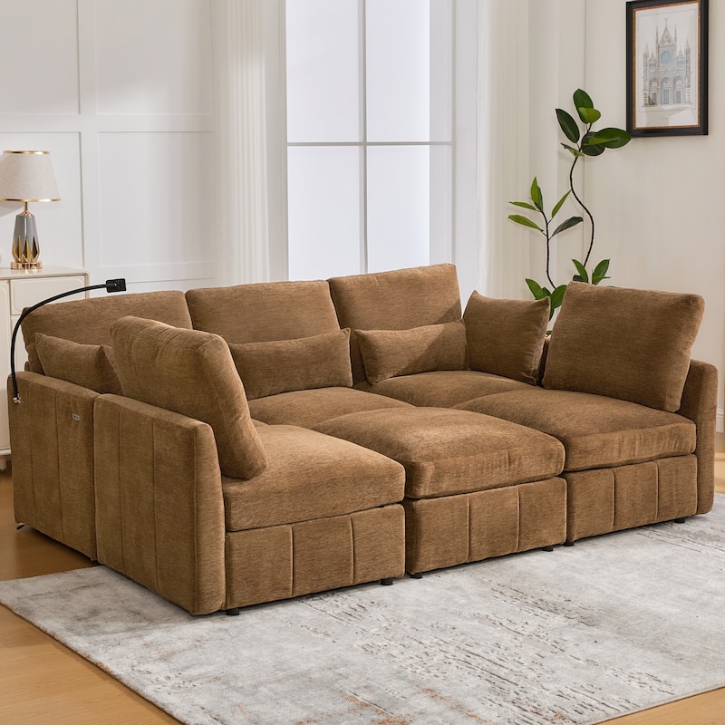 Roomfitters Modular U-Shaped Sectional Sofa Bed with Ottoman, USB Ports and Phone Holder for Living Room - Brown