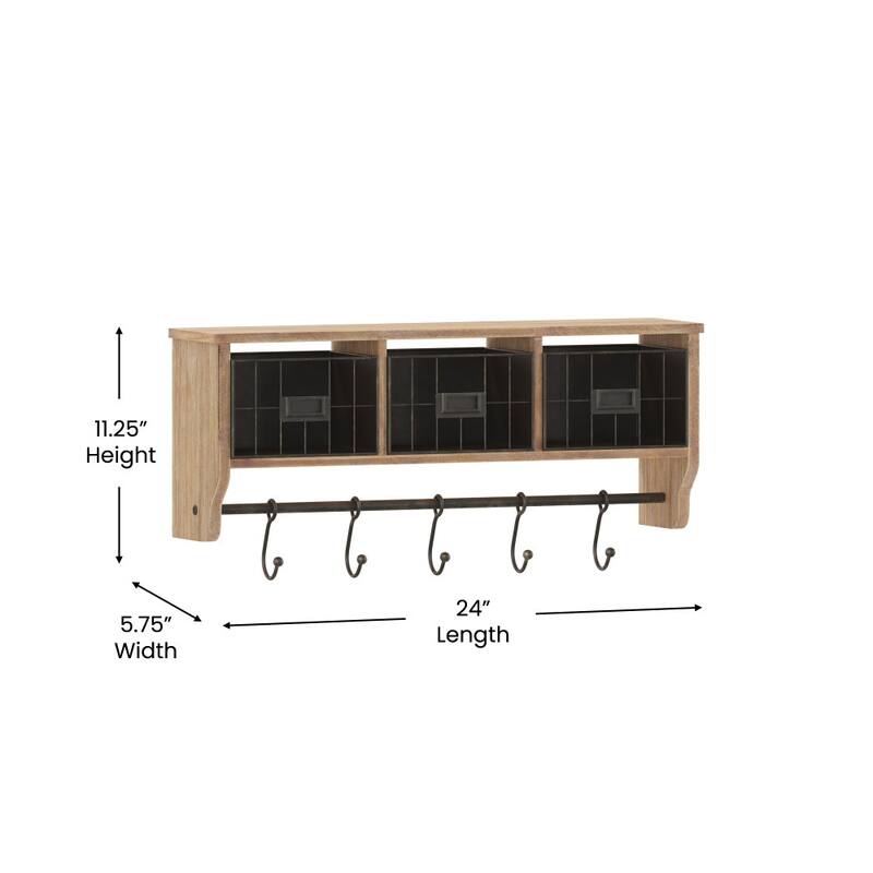 Wall Mounted Storage Rack with Upper Shelf, Wire Baskets, and Hooks