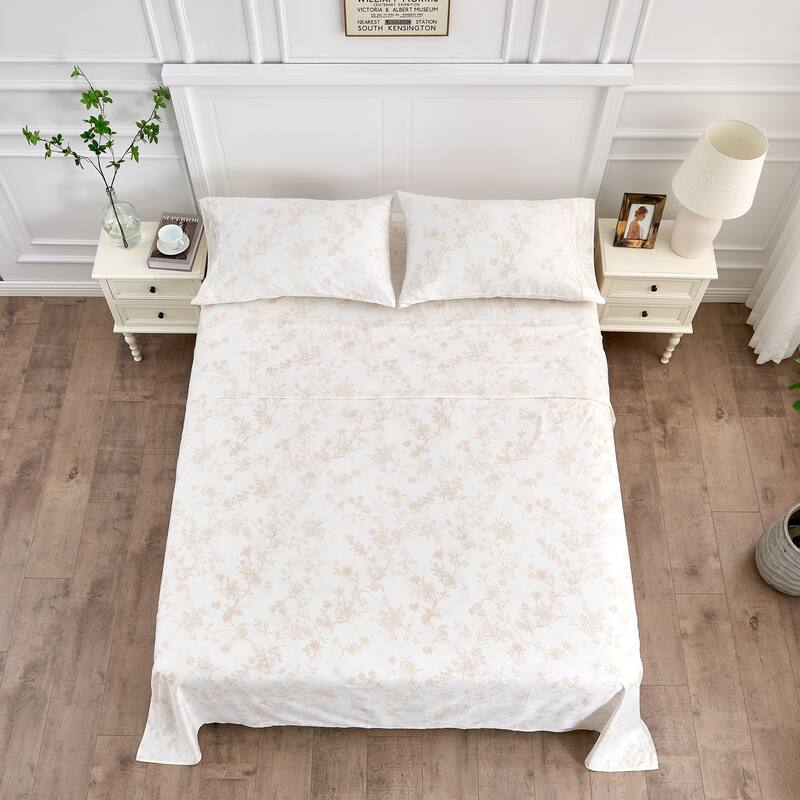 Printed Design Cotton Collection 400TC Hemstitch Natural Garden Bouquet Sheet Set and Pillowcases