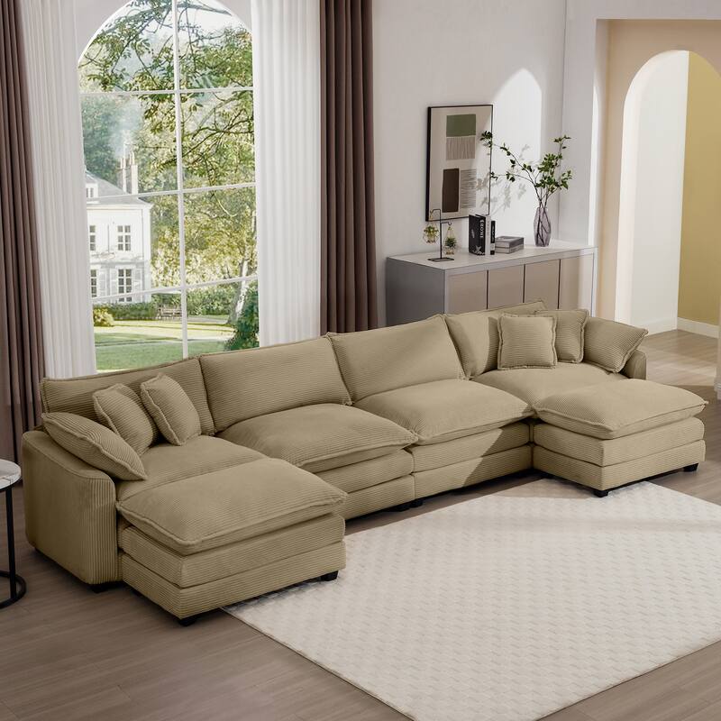 Tan 150" Corduroy Cloud Upholstered Modular U-Shaped Sectional Sofa with 2 Removable Ottoman and Free Combination Design - Tan